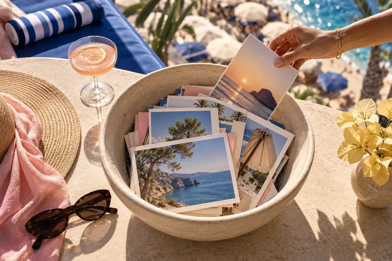 A beach-club guest selects an illustrated card from a hat beside the sea.