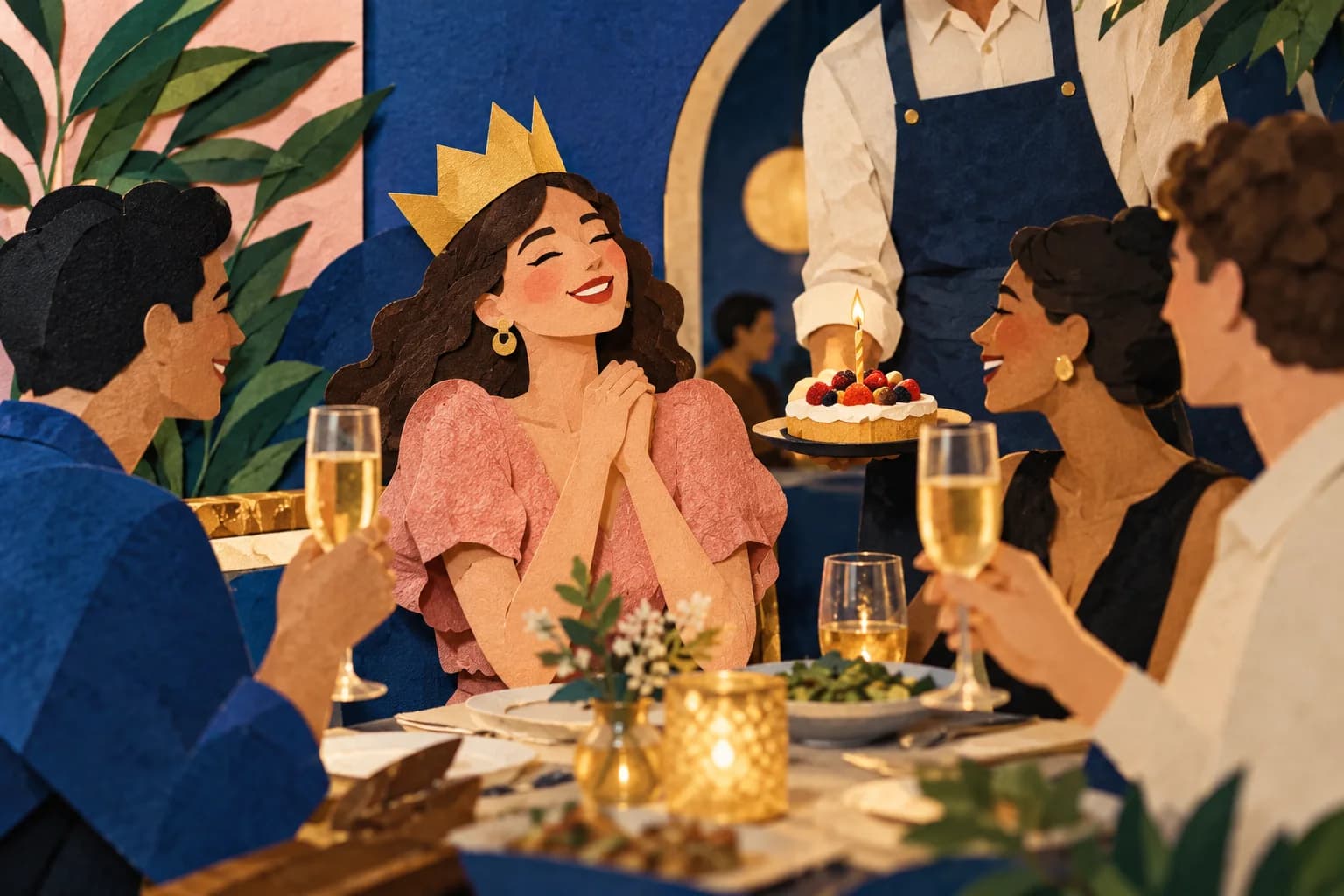 Friends celebrate a guest birthday around a restaurant table.