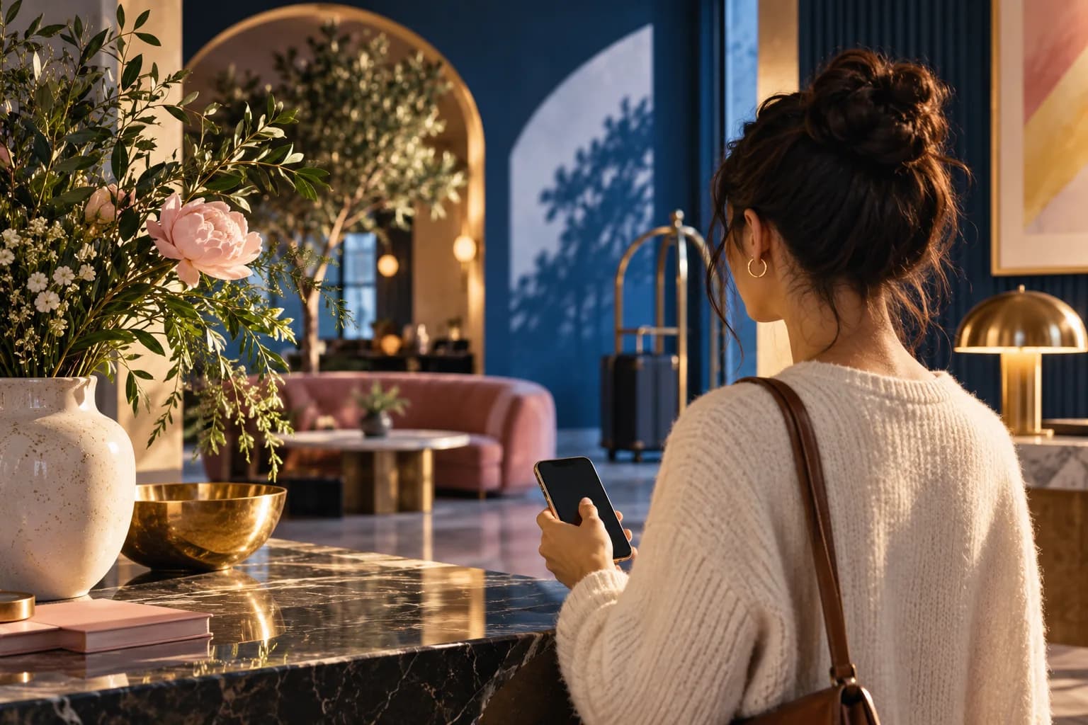 An illustrated guest approaches a branded restaurant entrance.