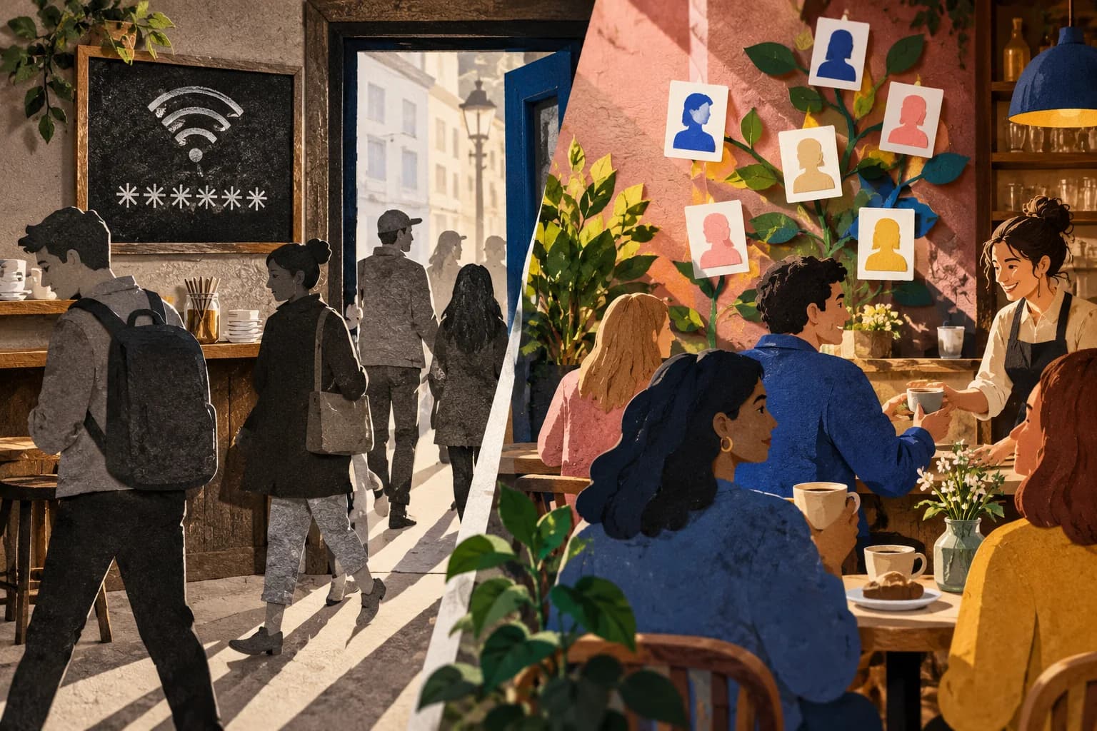 A collage contrasts a chalkboard password queue with a personal guest welcome.