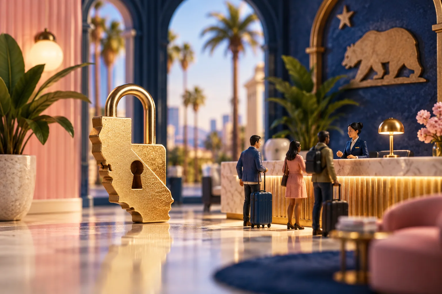 A key and lock stand beside a California-themed reception desk.