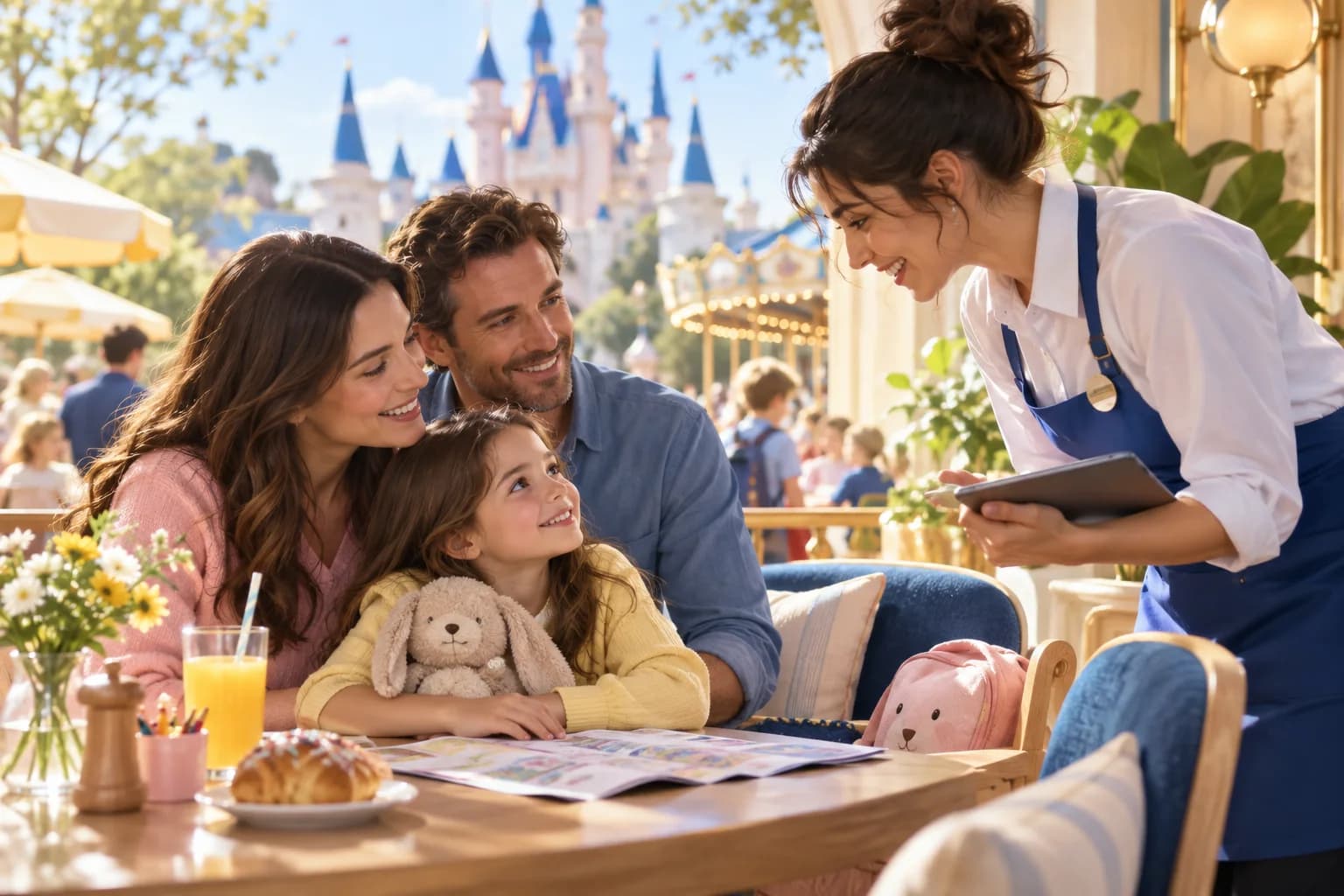 A restaurant host speaks with parents and a child at a family table.