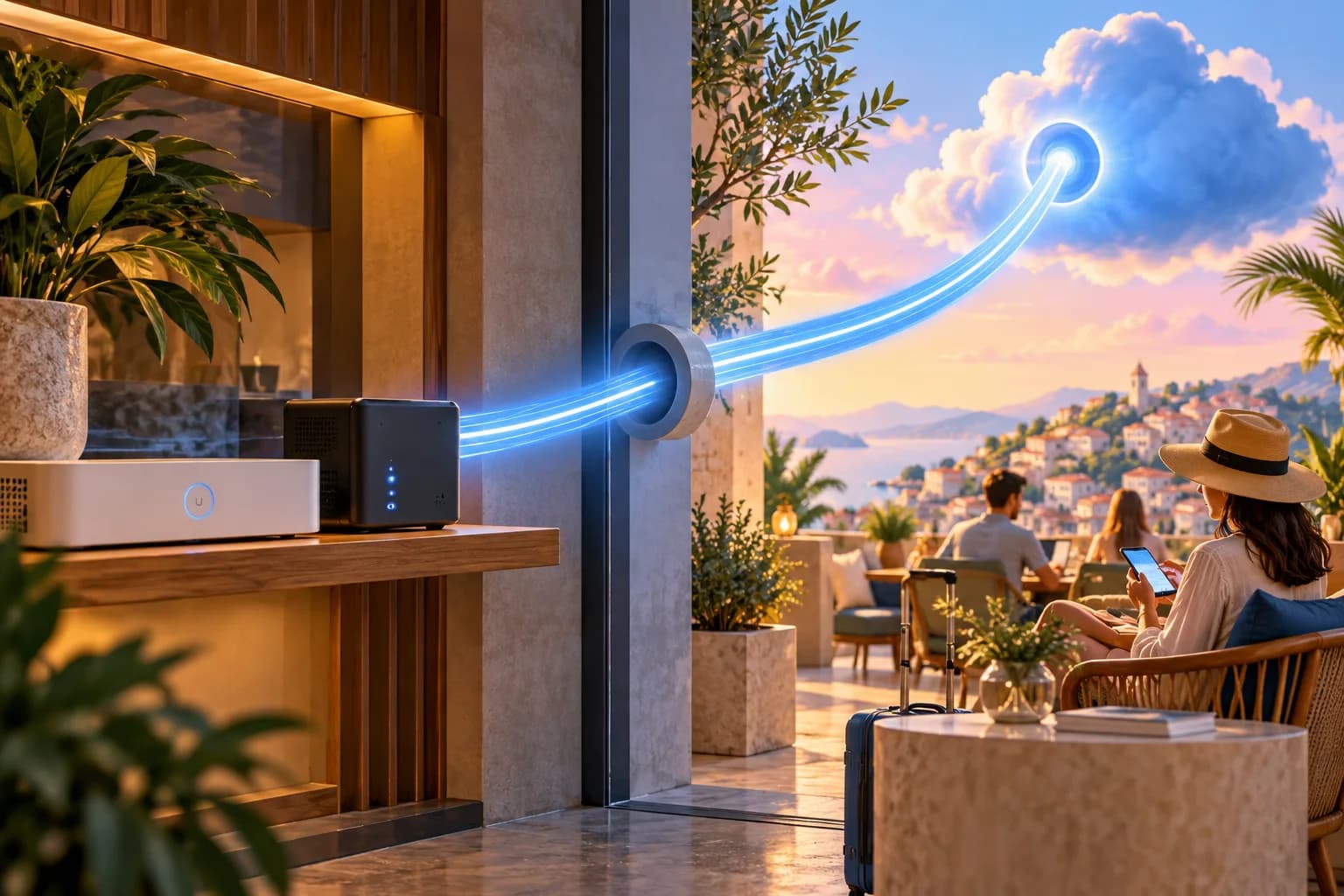A glowing blue tunnel connects a restaurant network cabinet to a cloud.