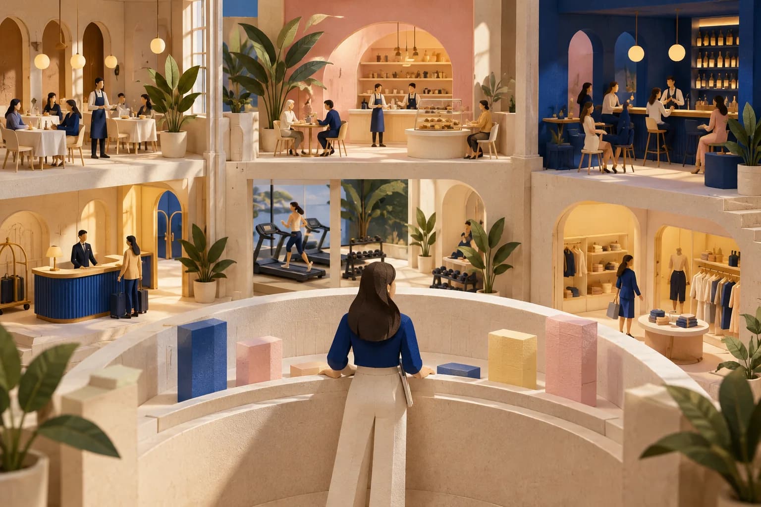 An analyst compares miniature hospitality spaces arranged in an architectural display.
