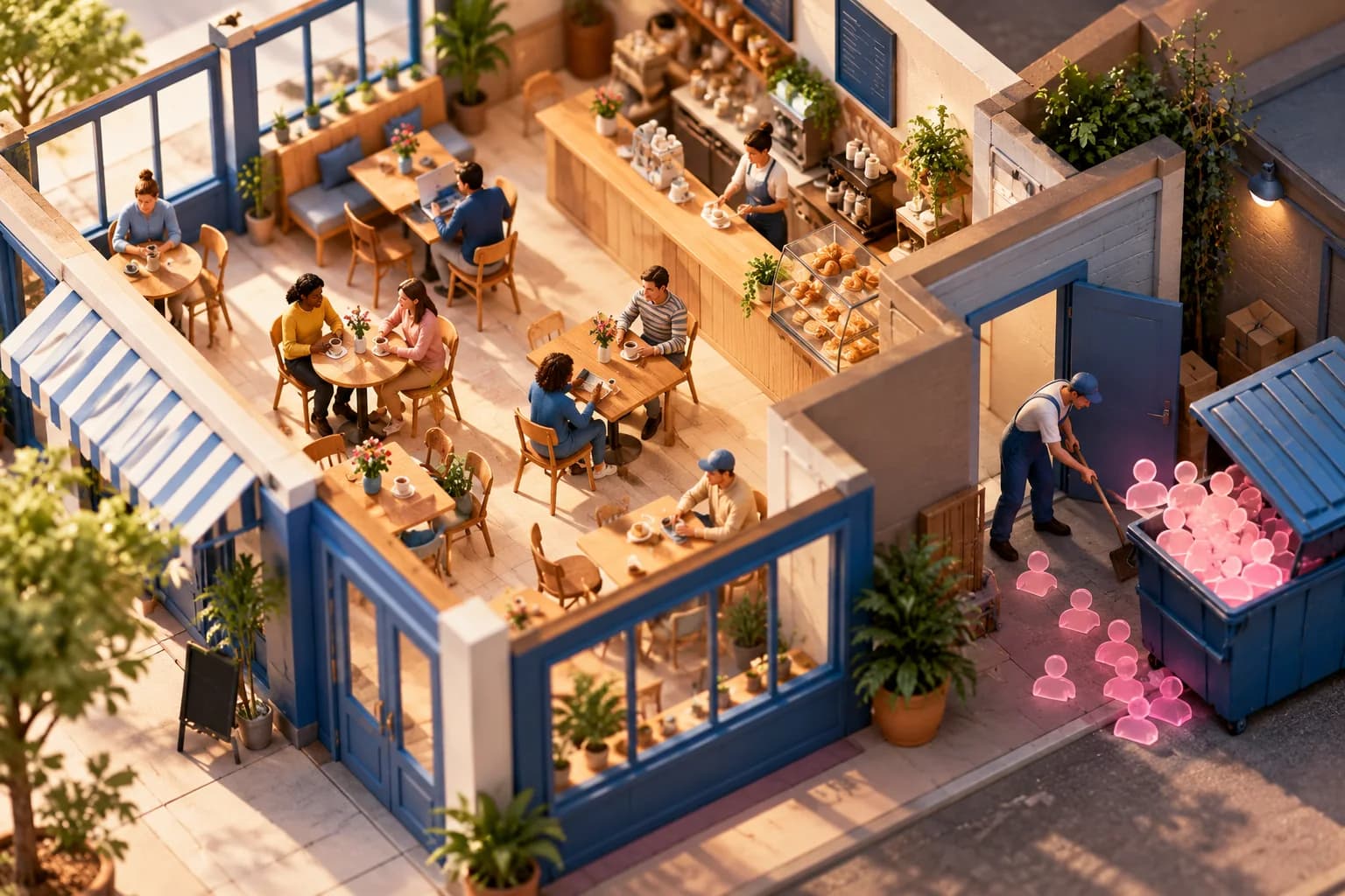 A miniature restaurant contrasts connected guest paths with a disconnected entrance.