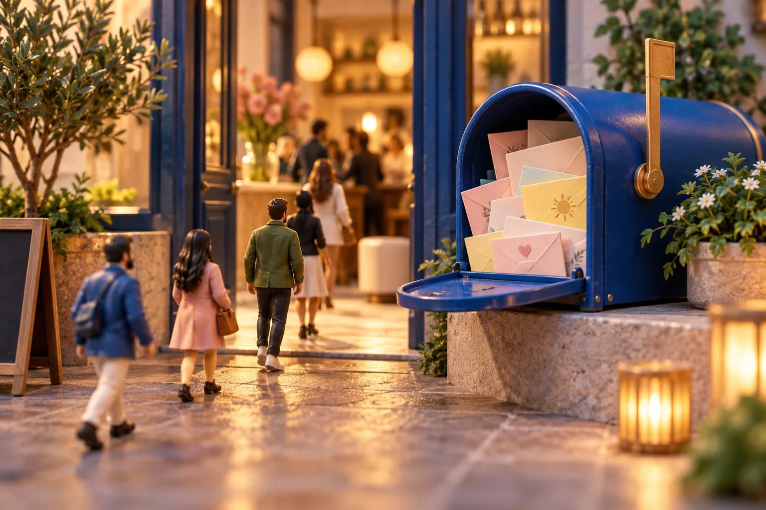 Three guests approach a restaurant beside an oversized mailbox with colored envelopes.