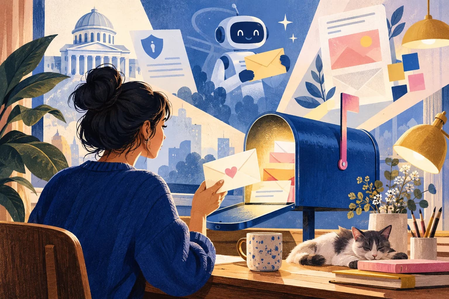 A collage combines evolving email tools, privacy and campaign planning.