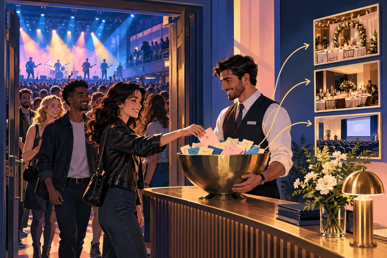 An event host welcomes attendees beside a concert stage and venue photographs.