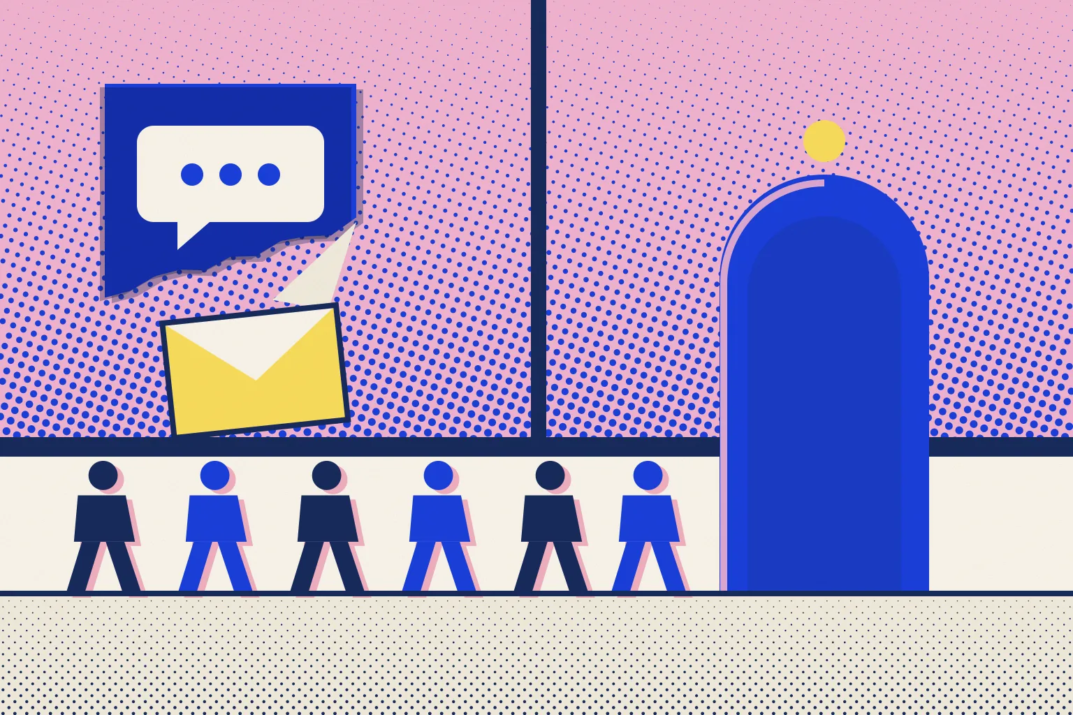 An old speech bubble sign in sticker peels off a cafe window to reveal a yellow envelope, while pictogram guests walk toward a tall cobalt arched door.