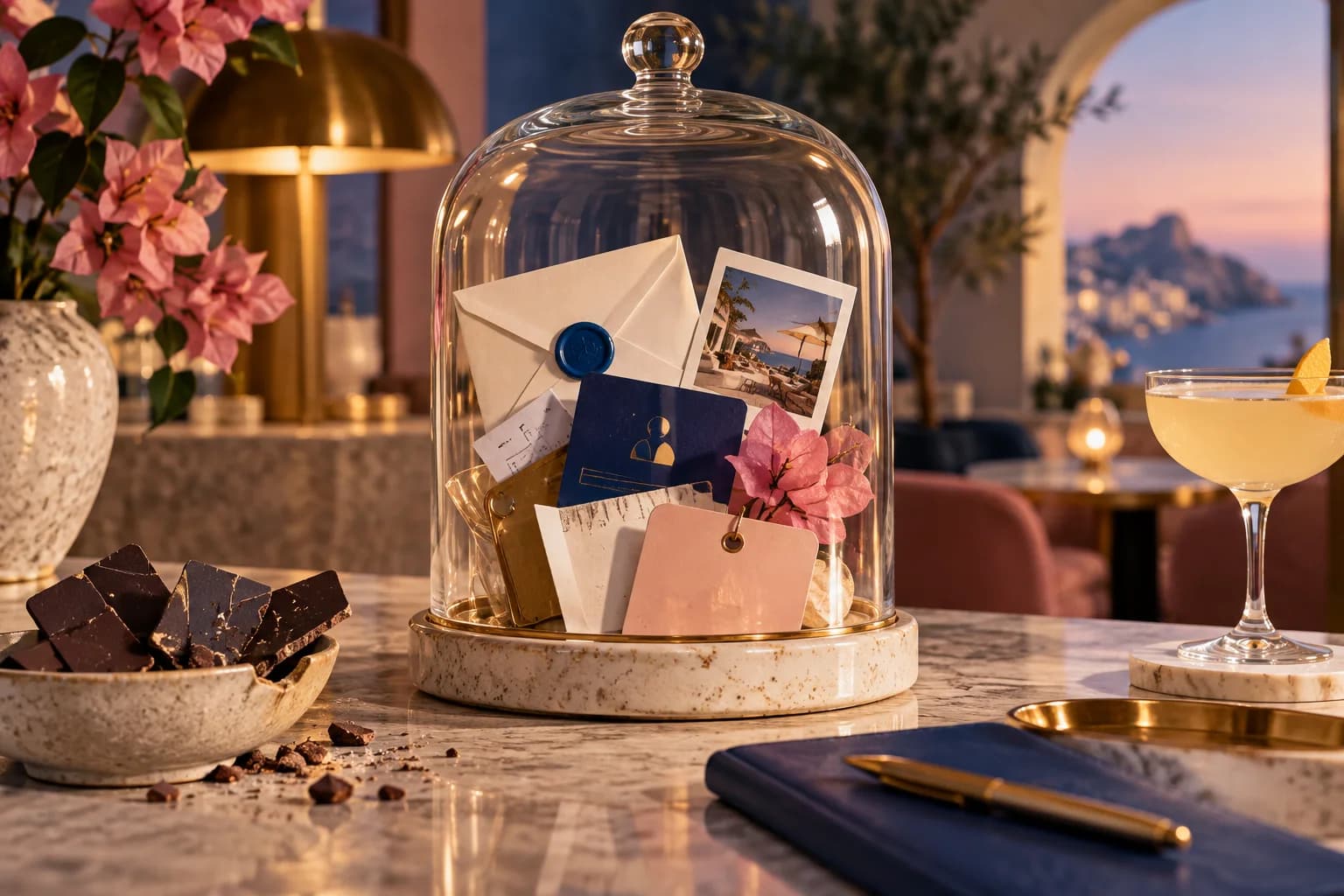 A glass bell jar protects a collection of guest cards and envelopes.