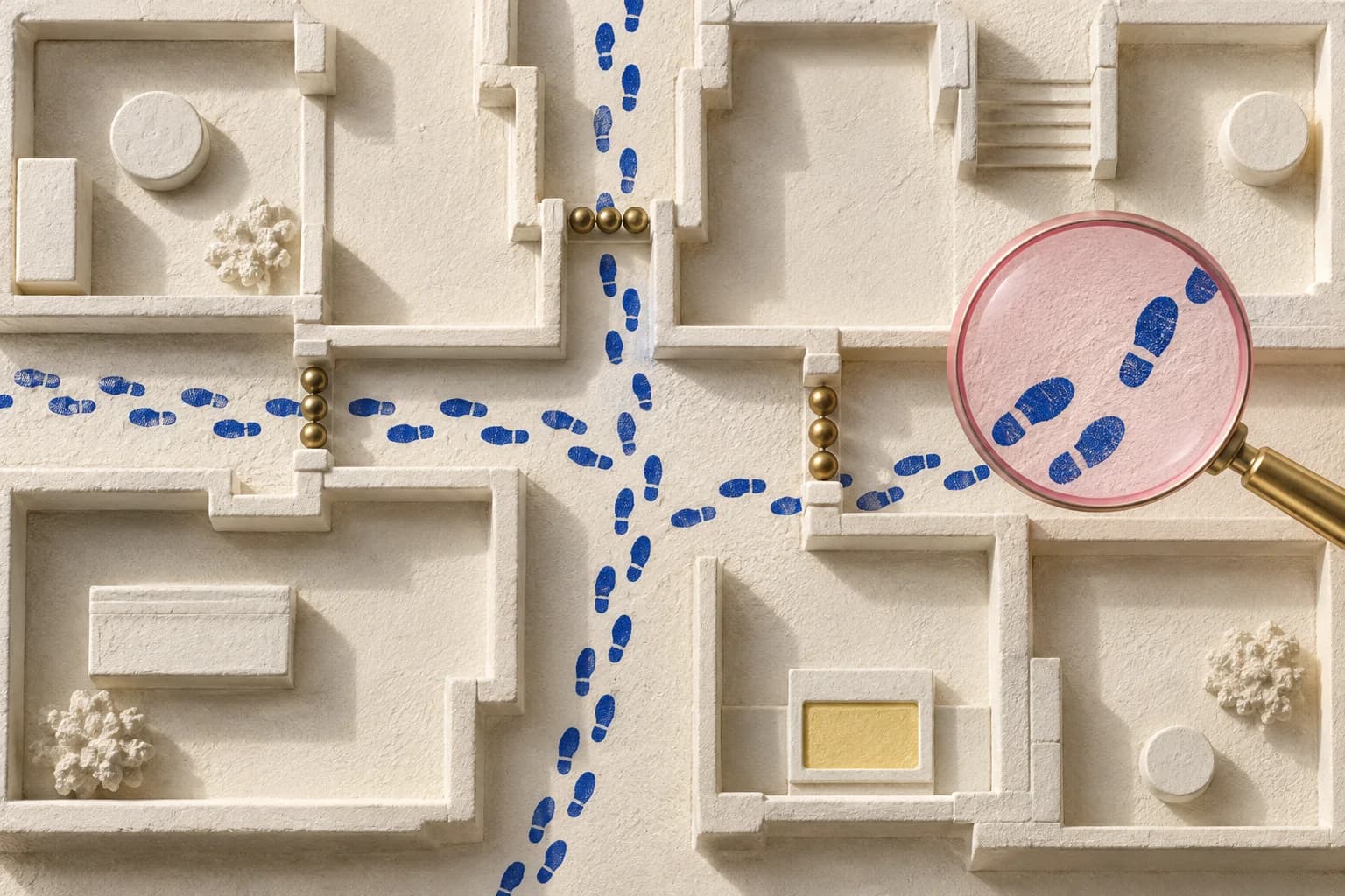 Blue footprints cross a plaster floor plan beneath a pink magnifying glass, with counting beads at doorways.