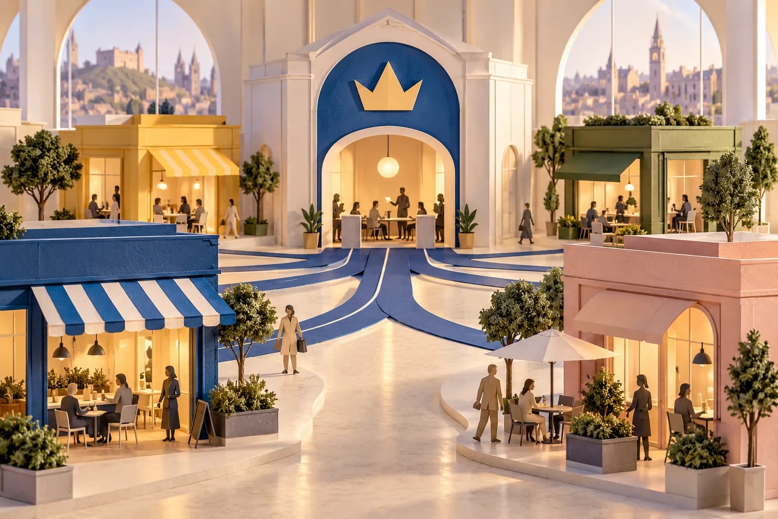 Several miniature storefronts connect to a central brand building.