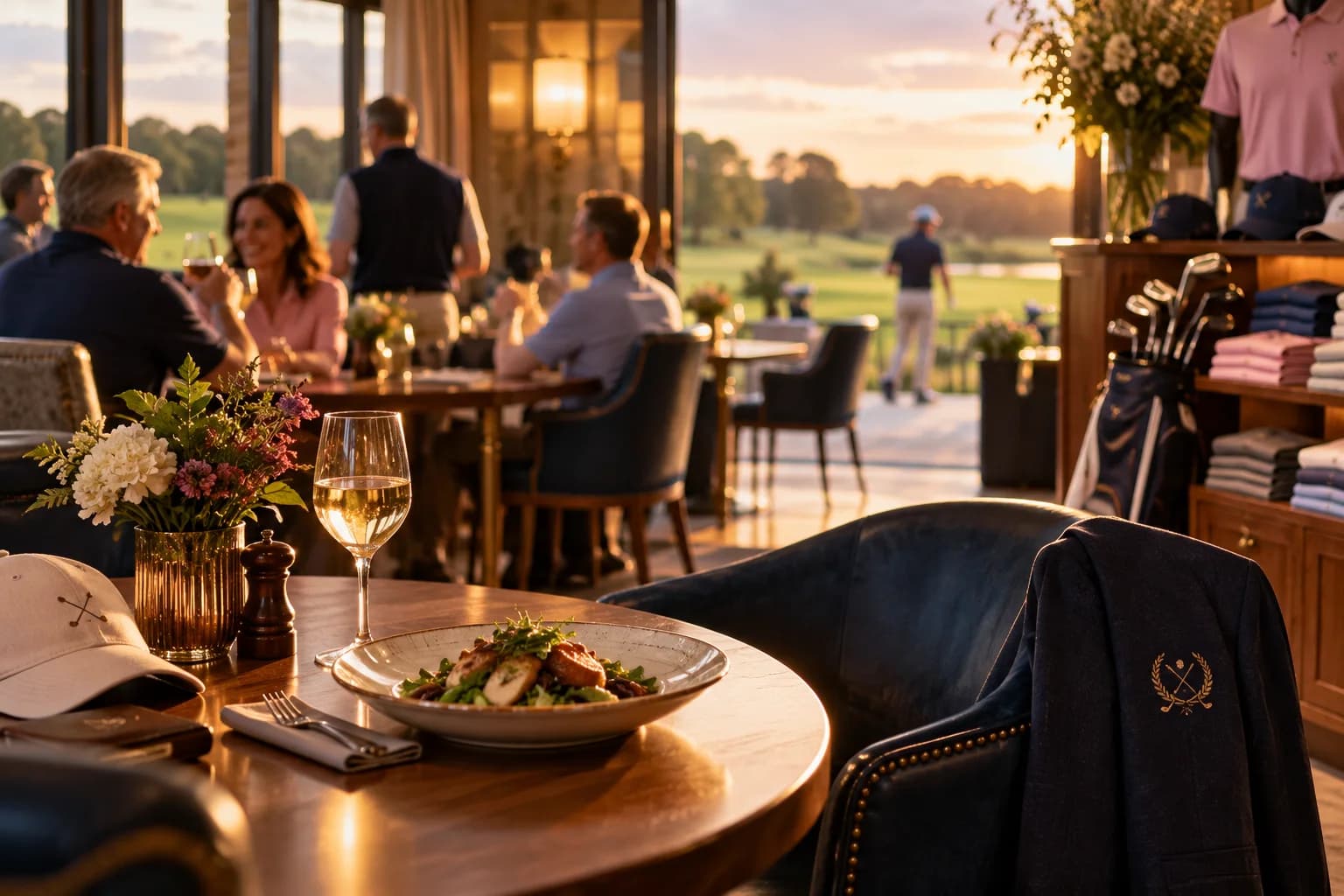 A golf-club restaurant overlooks the course at sunset, with a golf bag beside the table.