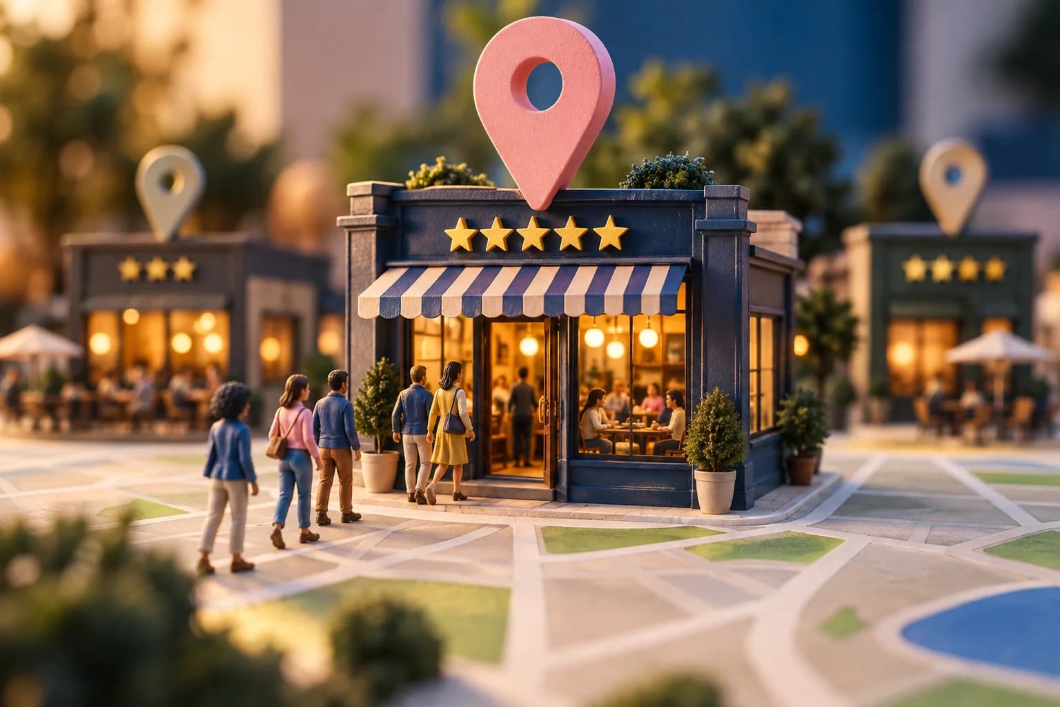 A miniature restaurant sits beneath a map pin and public-review symbols.