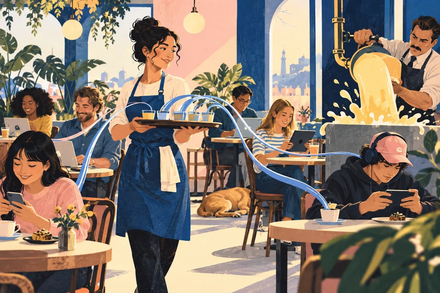 A restaurant illustration shows a host balancing several guest service needs.