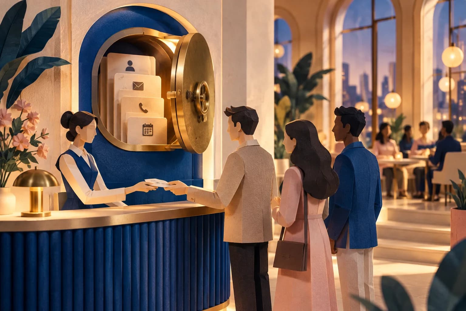 An illustrated receptionist keeps guest records in a brass vault while welcoming visitors.