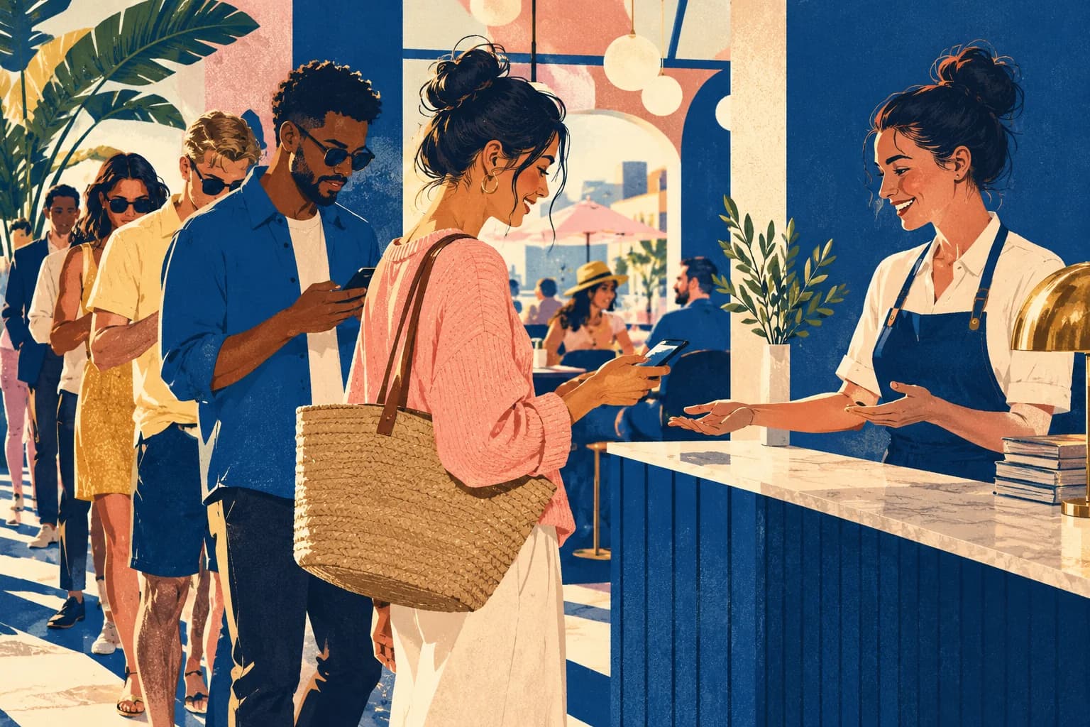 An illustrated host presents a clear opt-in card to a guest.