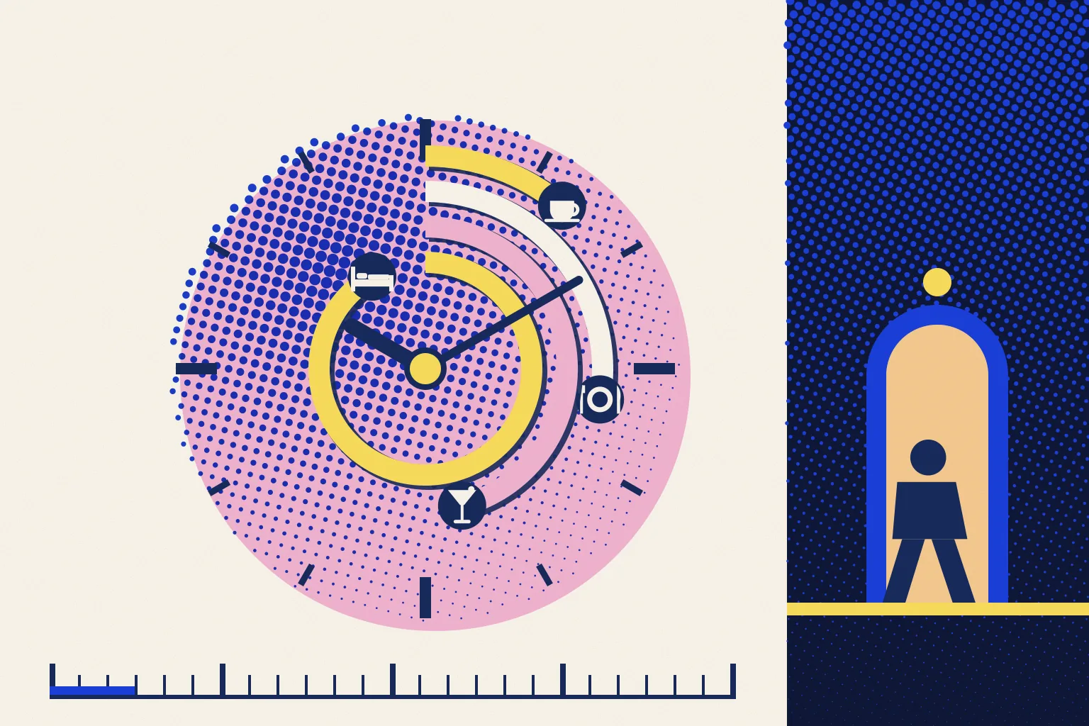 A halftone clock holds four arcs of different lengths ending at a coffee cup, a plate, a cocktail glass and a bed, beside a guest leaving through a lit arched door at night.
