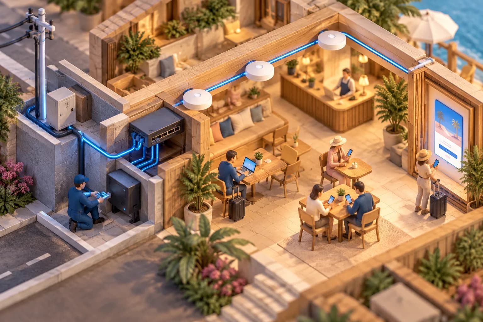 A miniature restaurant network connects several rooms to a monitoring screen.