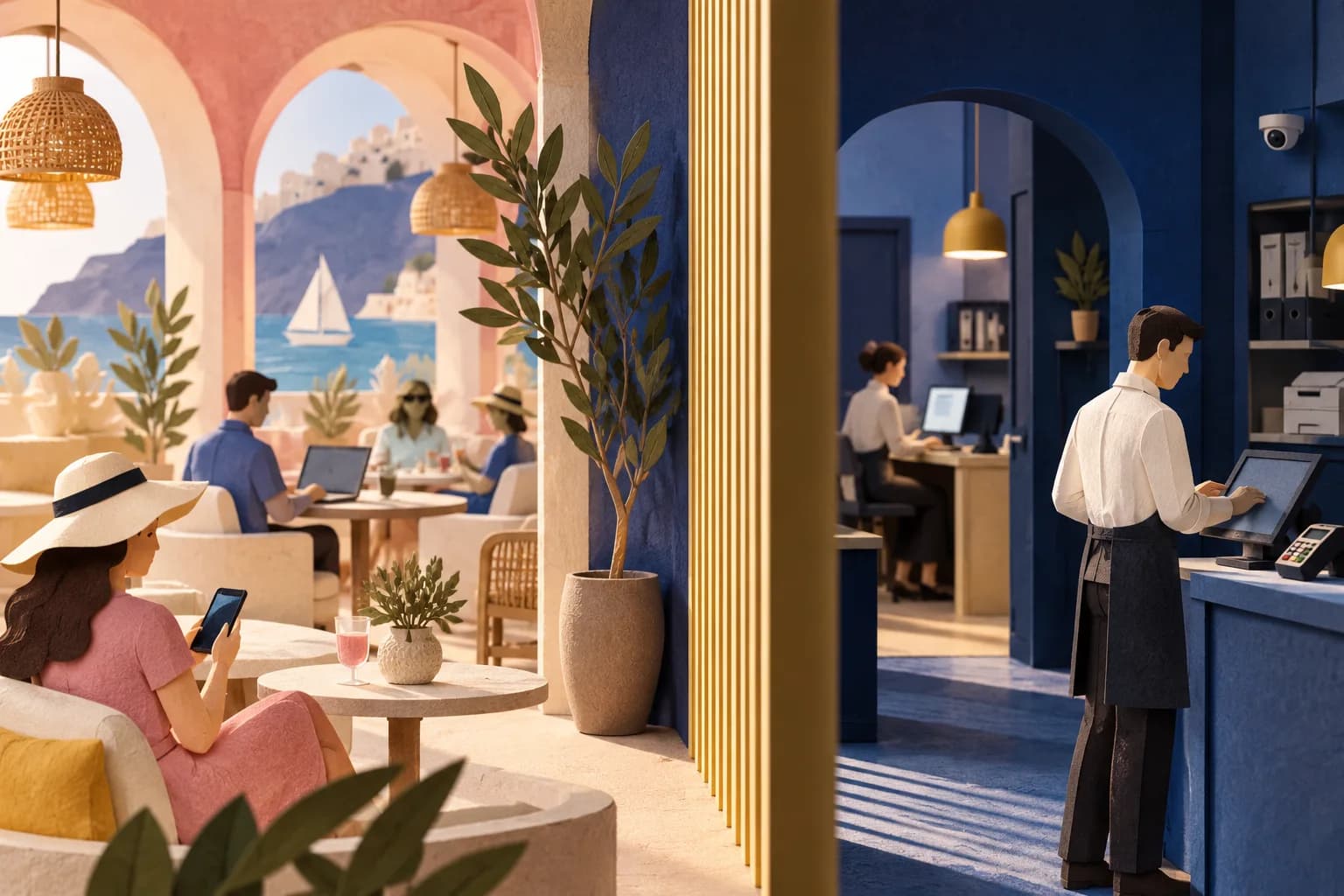 A cut-paper scene separates a guest dining area from a staff workspace.