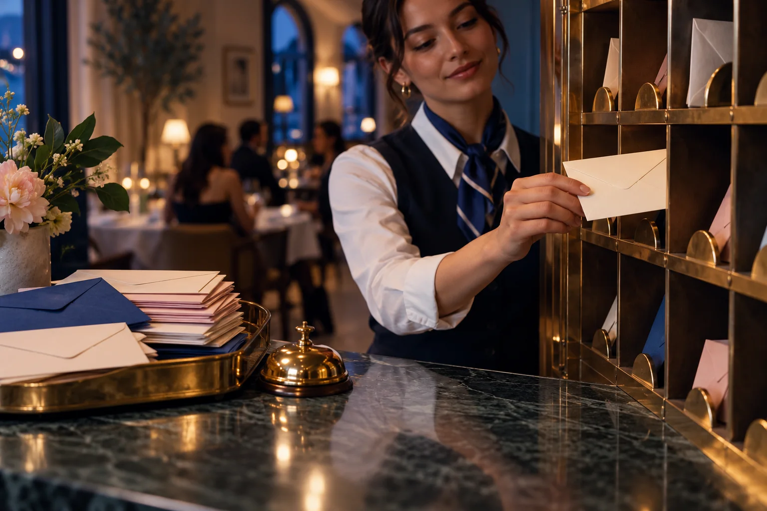 A receptionist sorts envelopes into a wall of delivery slots.