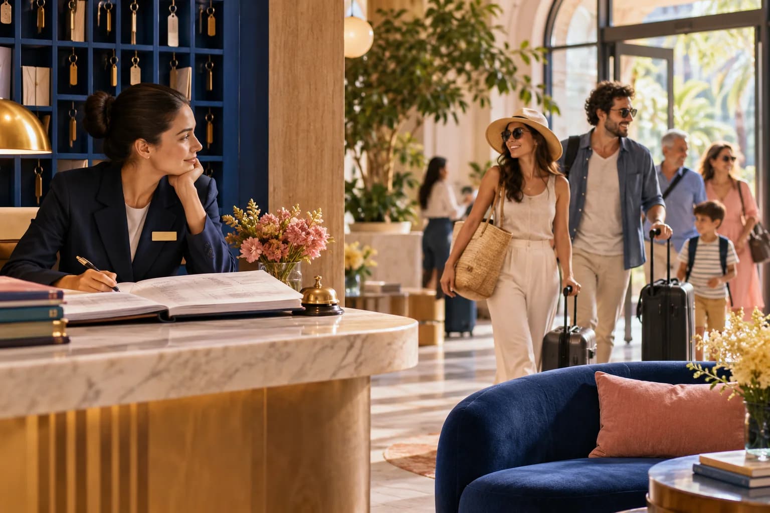 A hotel receptionist compares a reservation book with guests arriving through the lobby.
