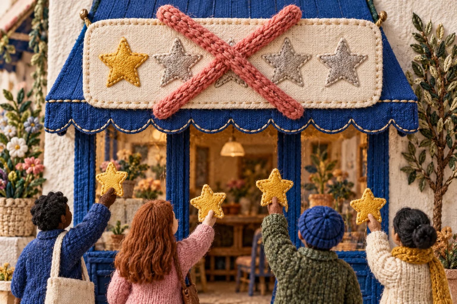 An embroidered storefront shows a crossed-out review display and guests still offering feedback.