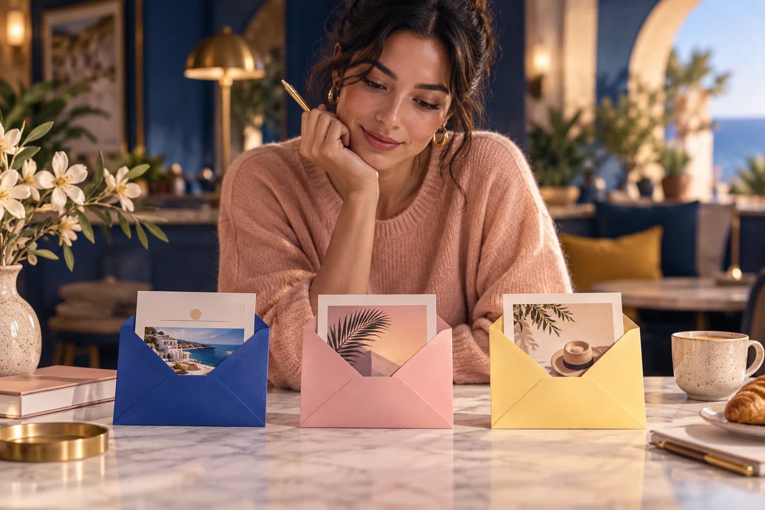 A marketer compares three sample email envelopes at a cafe table.