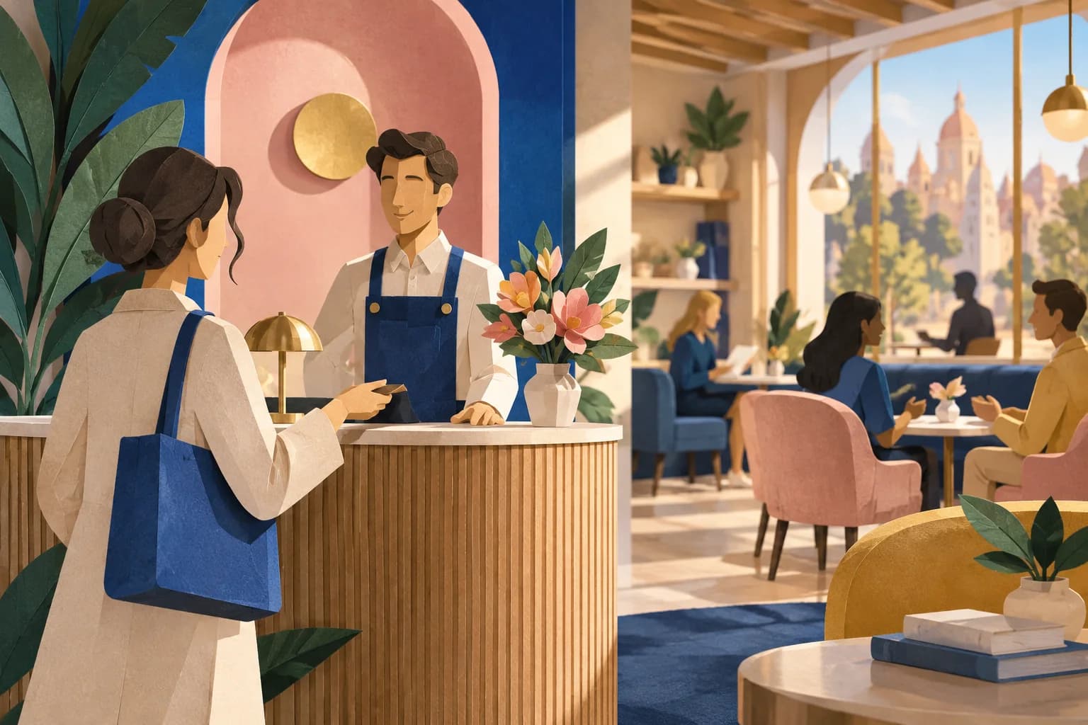 An illustrated host greets a visitor at a distinctive hospitality reception.