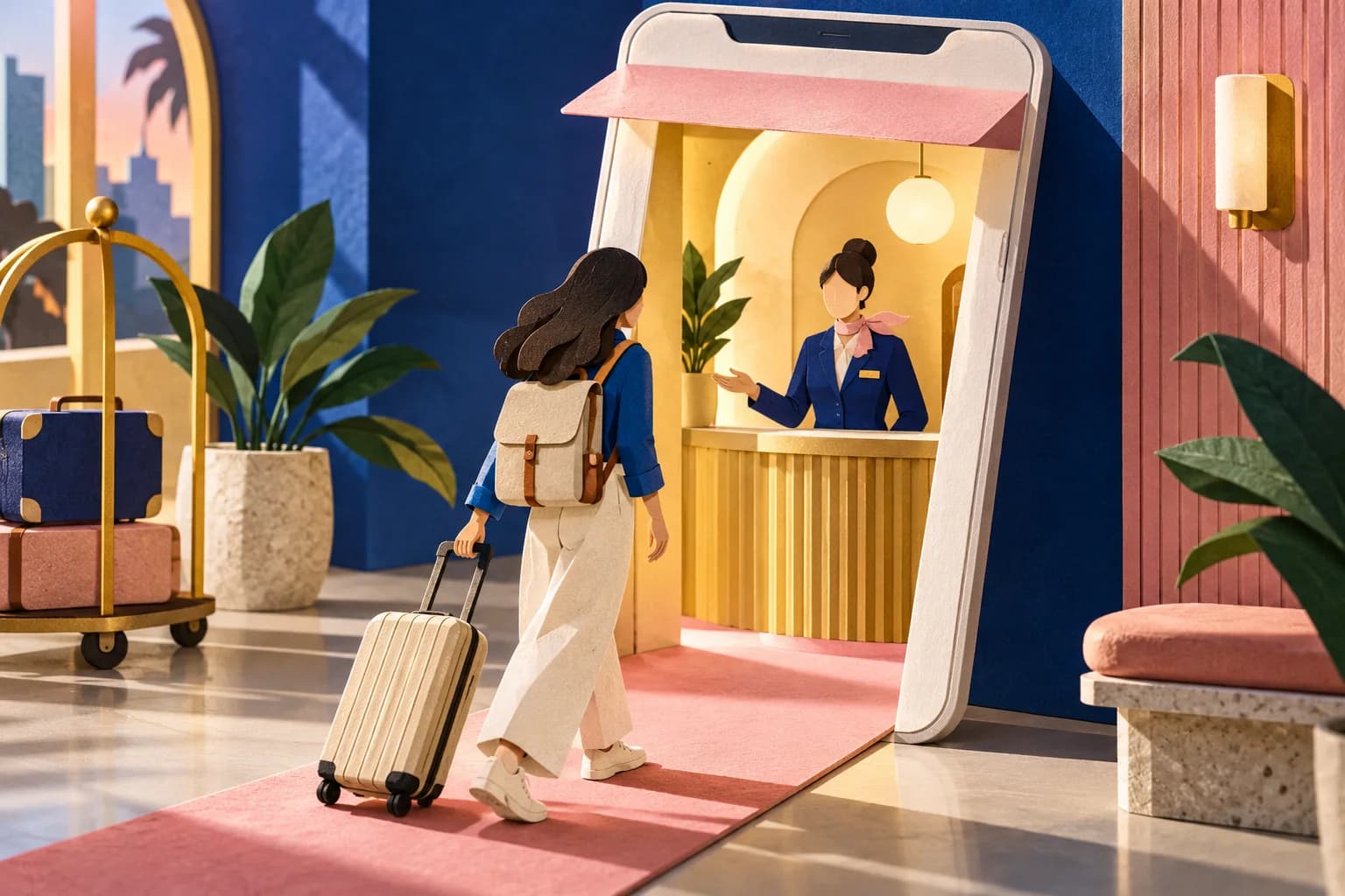 A traveler steps toward a miniature hotel reception inside an oversized phone.