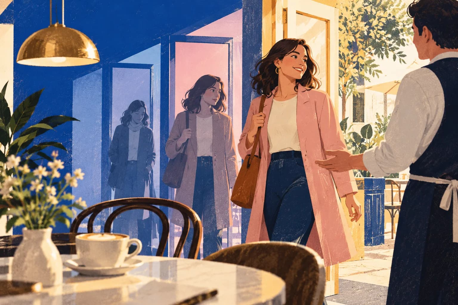 An illustrated guest returns through a cafe doorway as earlier silhouettes fade behind her.