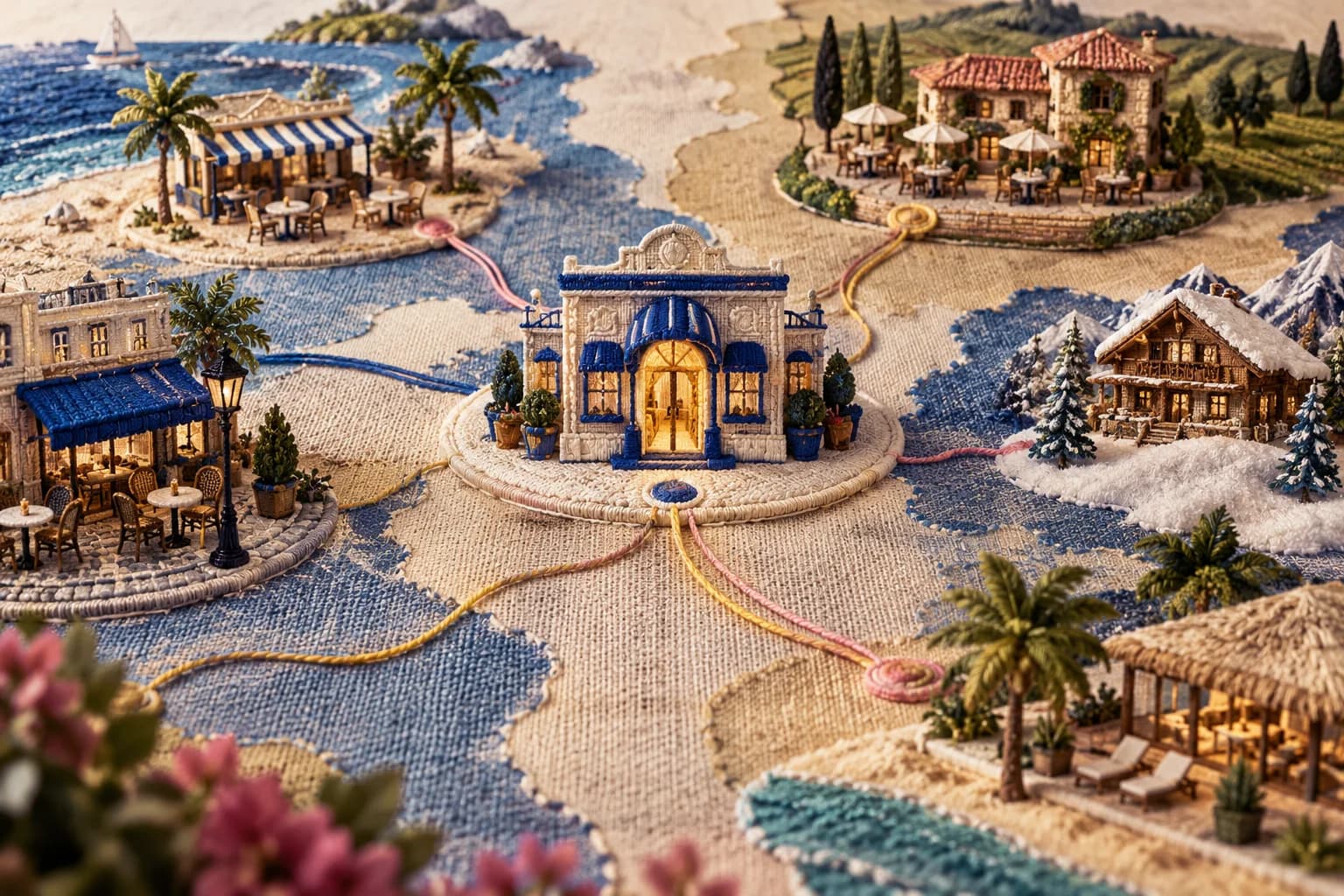 An embroidered landscape connects different venue types through a central guest platform.