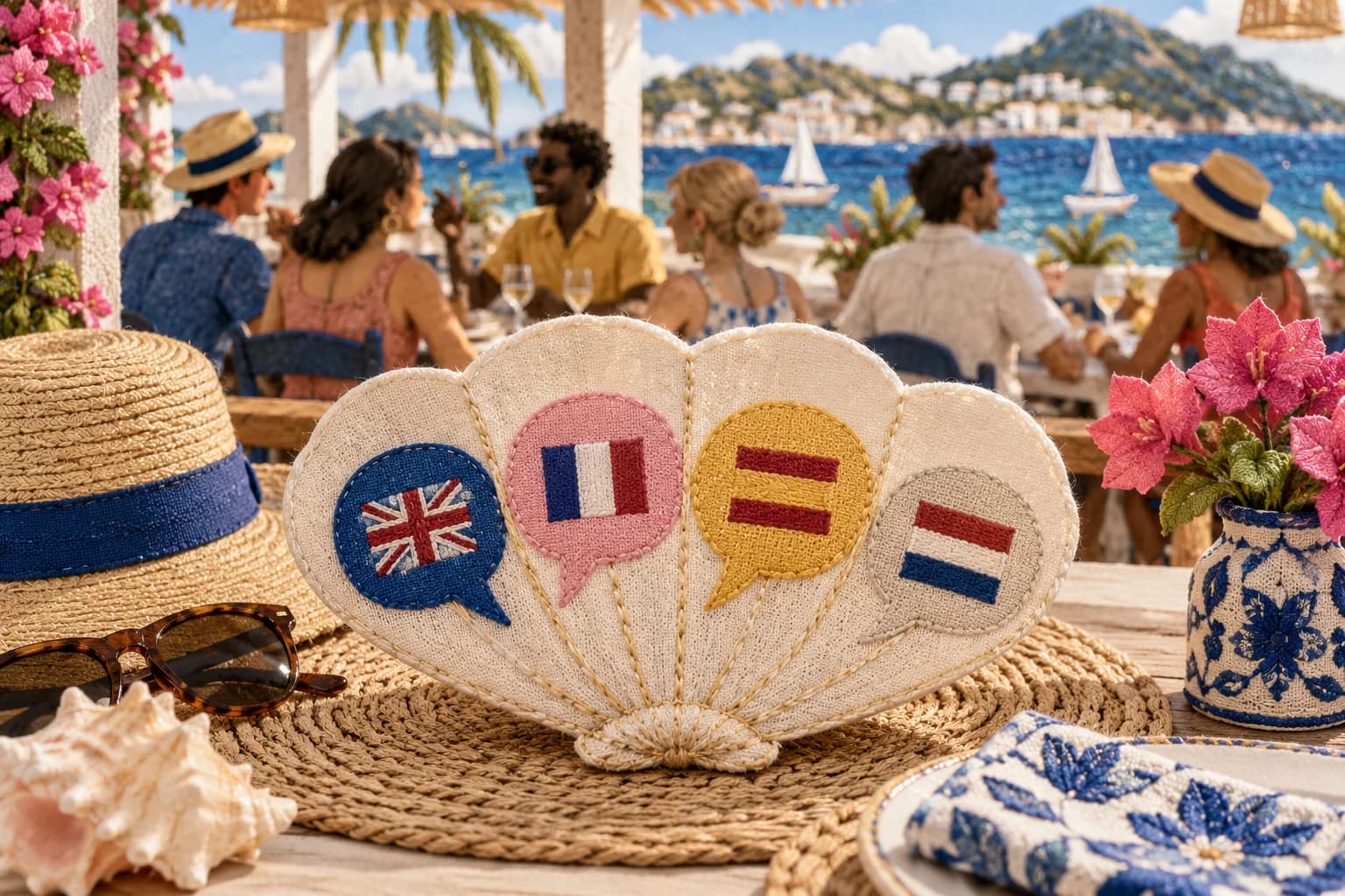 A fan with different language symbols rests beside a hospitality gathering.