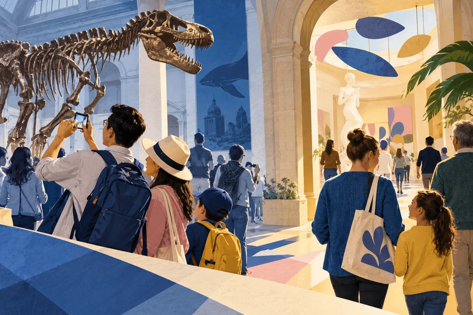 A museum collage shows families moving between a dinosaur exhibit and colorful galleries.