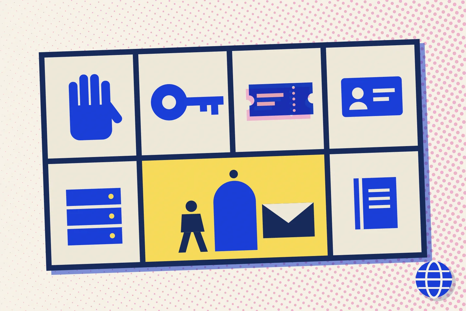 A dark printer's type case with seven compartments holding solid pictograms: a hand, a key, tickets, an identity card, a server, a book, and a yellow compartment where a guest walks toward an arched door.