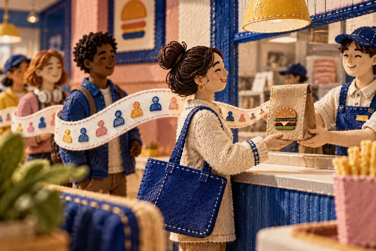 An embroidered quick-service counter connects guests with a ribbon of customer symbols.
