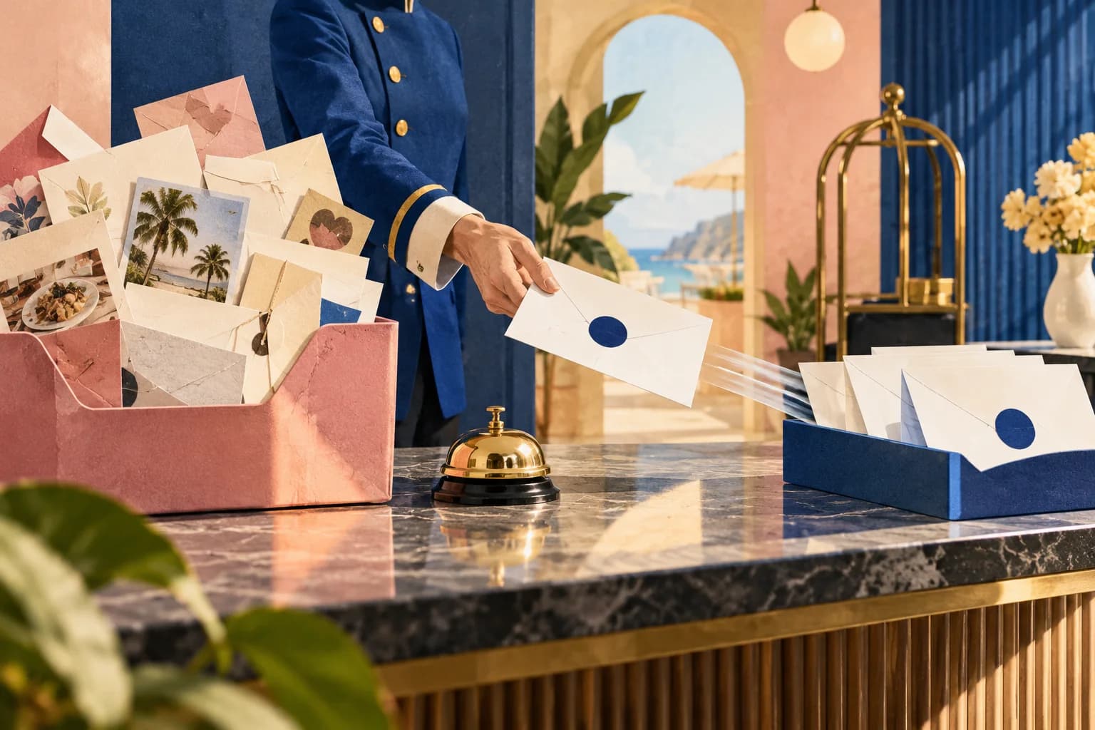 A hotel host sorts illustrated transaction envelopes between two boxes.