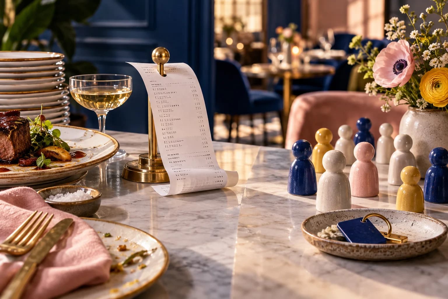 A restaurant receipt and a line of guest figurines illustrate different sources of customer data.