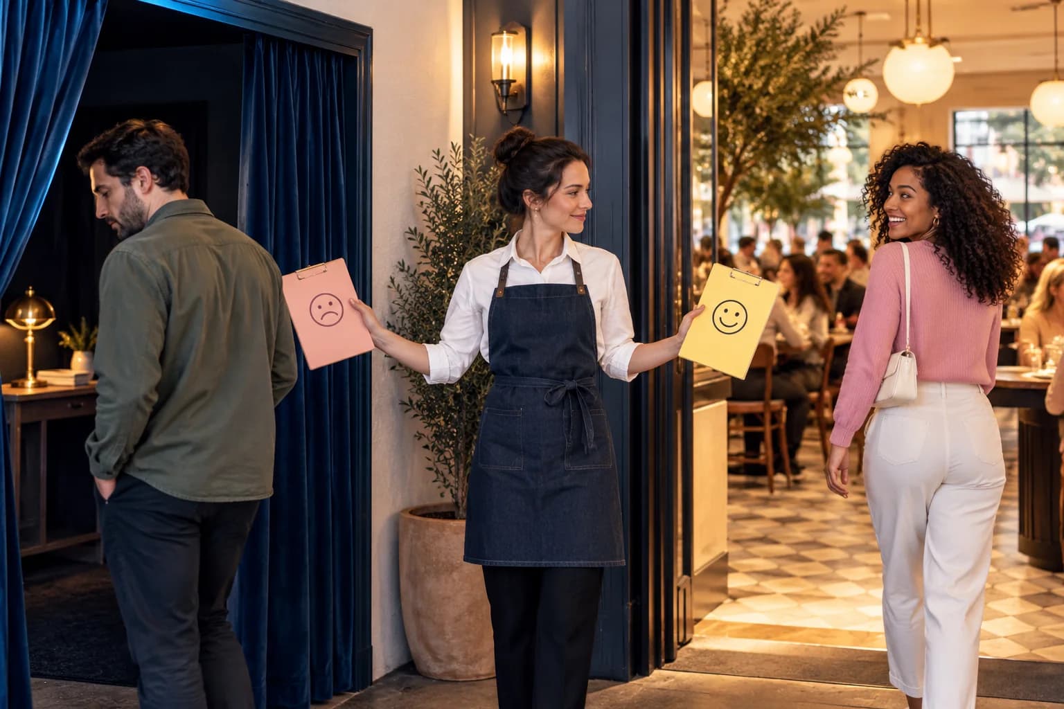 A host holds contrasting feedback cards while guests leave a restaurant.