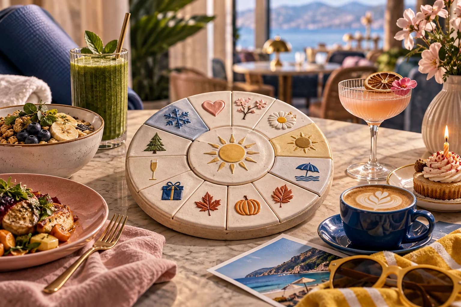 A seasonal wheel and illustrated campaign cards sit on a restaurant table.