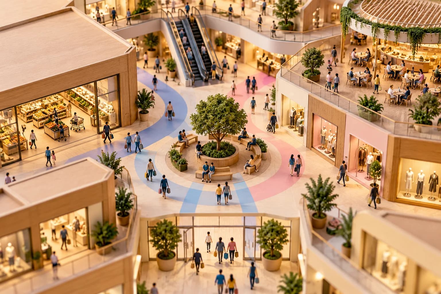 A miniature shopping center has open walkways and a central seating area.