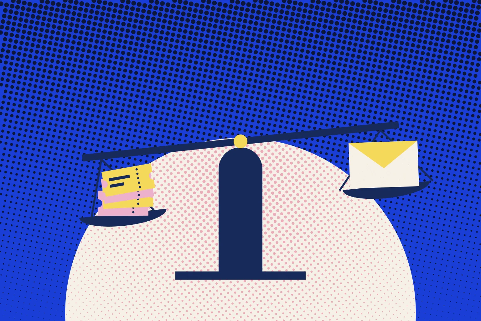 A balance scale on an arched door weighs a small stack of voucher tickets against a single envelope, under a cobalt halftone sky.