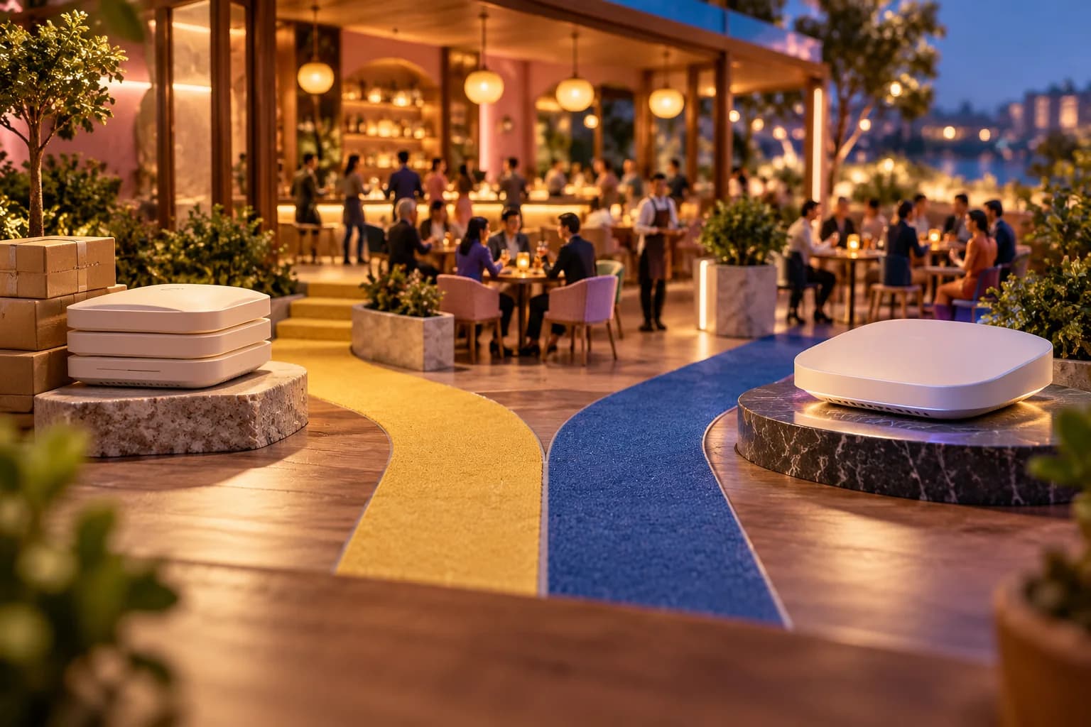 Two miniature access points sit beside separate colored routes into a restaurant.