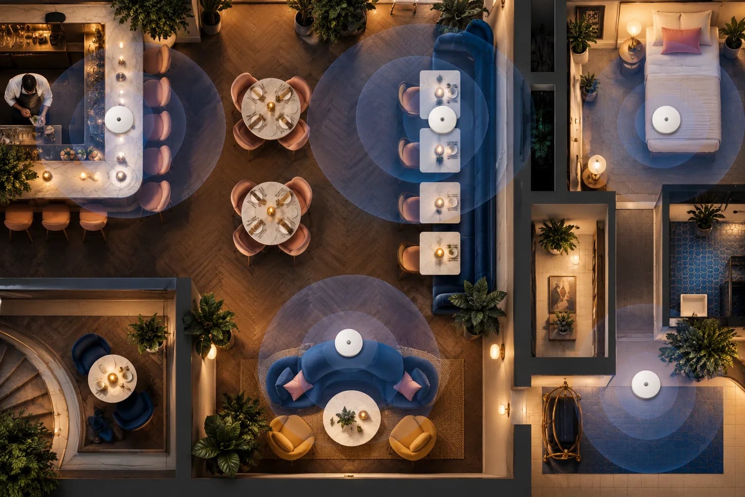 An overhead venue model shows overlapping access-point coverage across rooms.