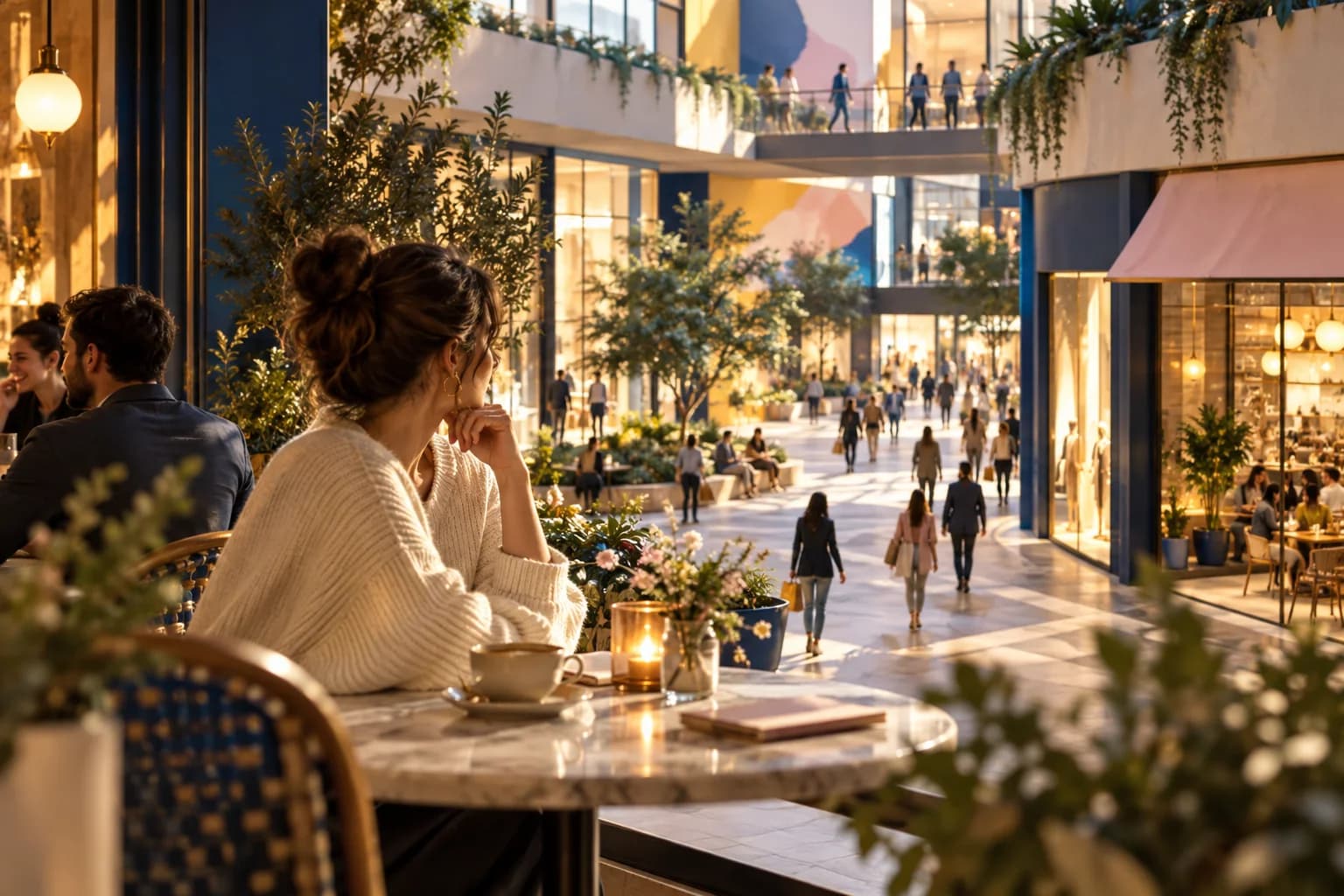 A cafe table overlooks the walkways and storefronts of a retail complex.