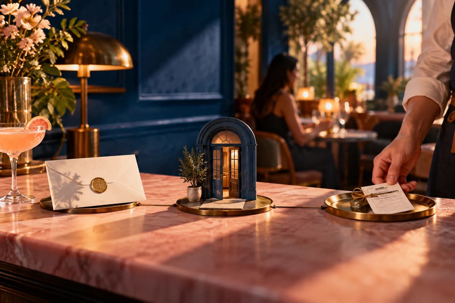 A small doorway and campaign envelope sit beside a restaurant place setting.
