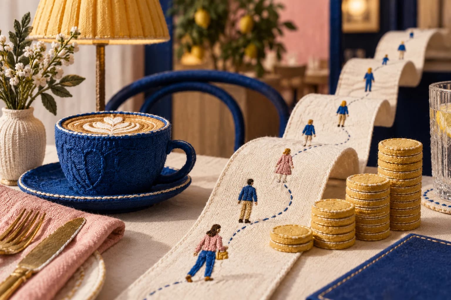A paper path of repeat guest visits rises beside stacks of coins and a coffee cup.