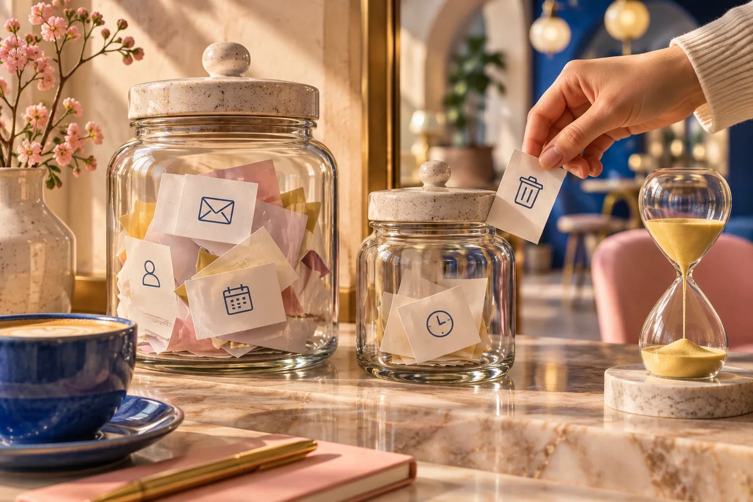 A hand removes an expired card from a small glass jar beside an hourglass.