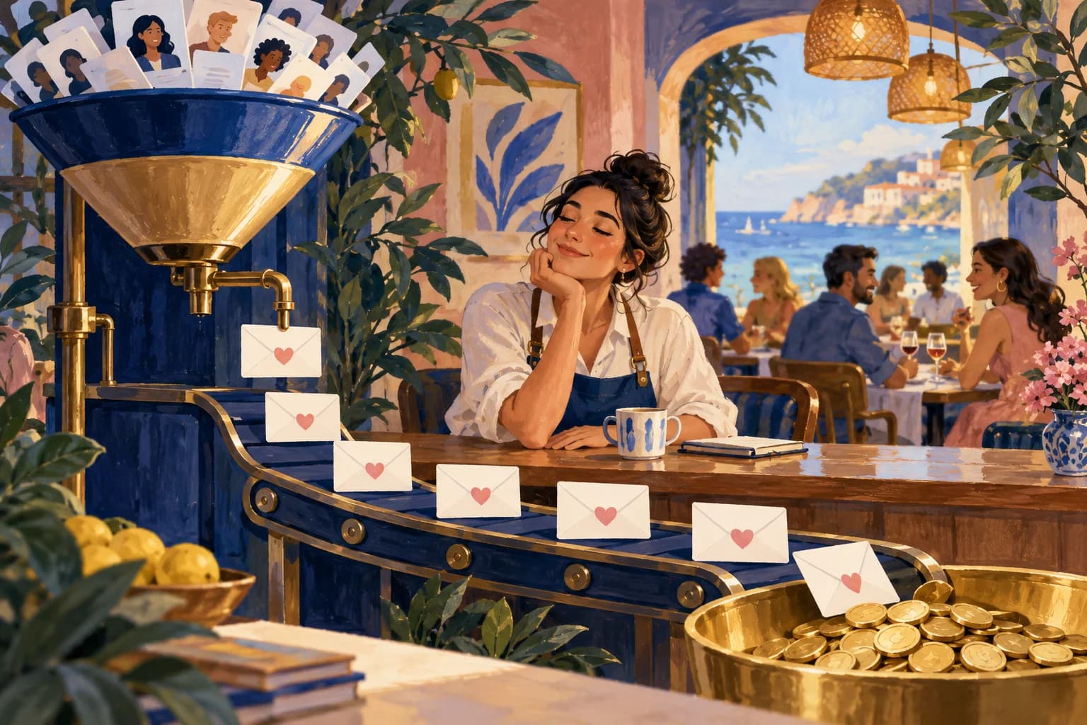 An illustrated restaurant campaign machine carries envelopes along a conveyor.