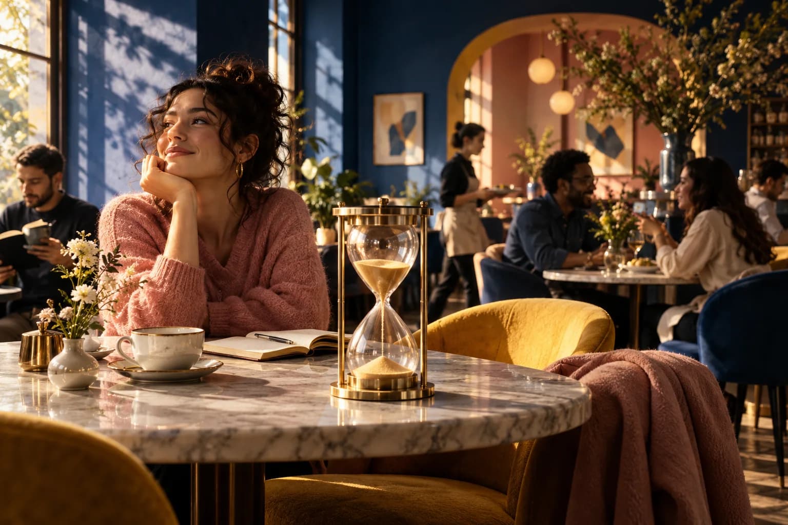 A guest sits beside an hourglass in a warmly lit restaurant.